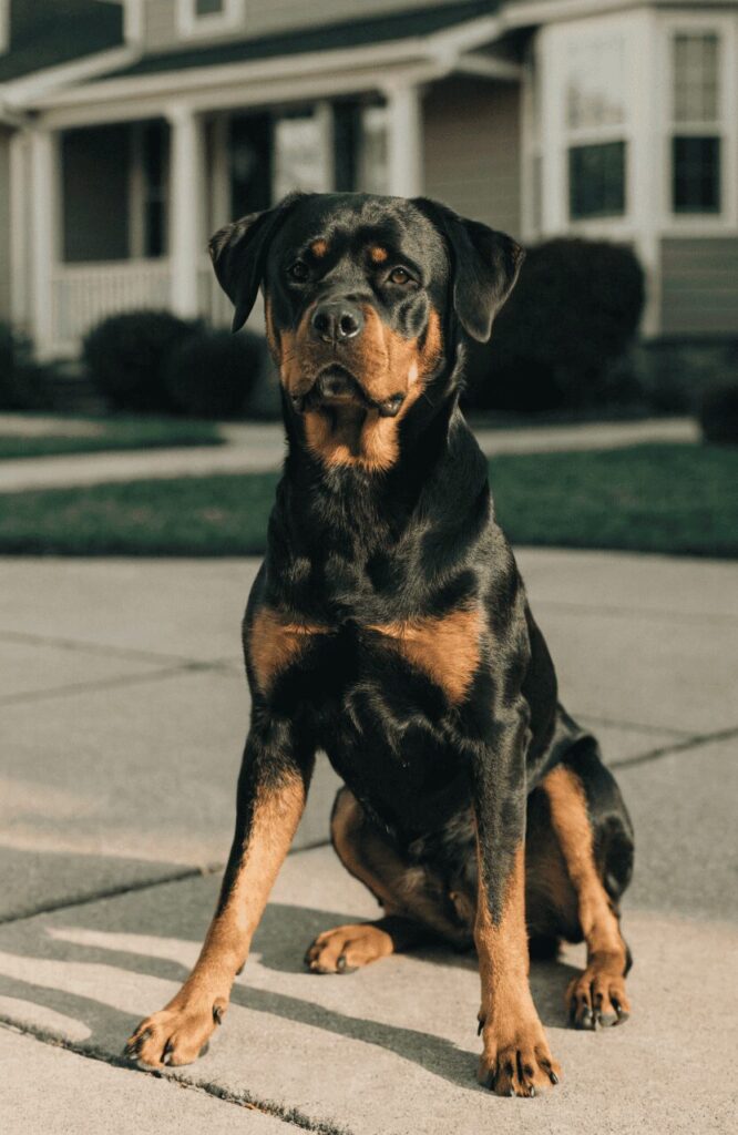 Rottweiler home security dog sitting alert in driveway