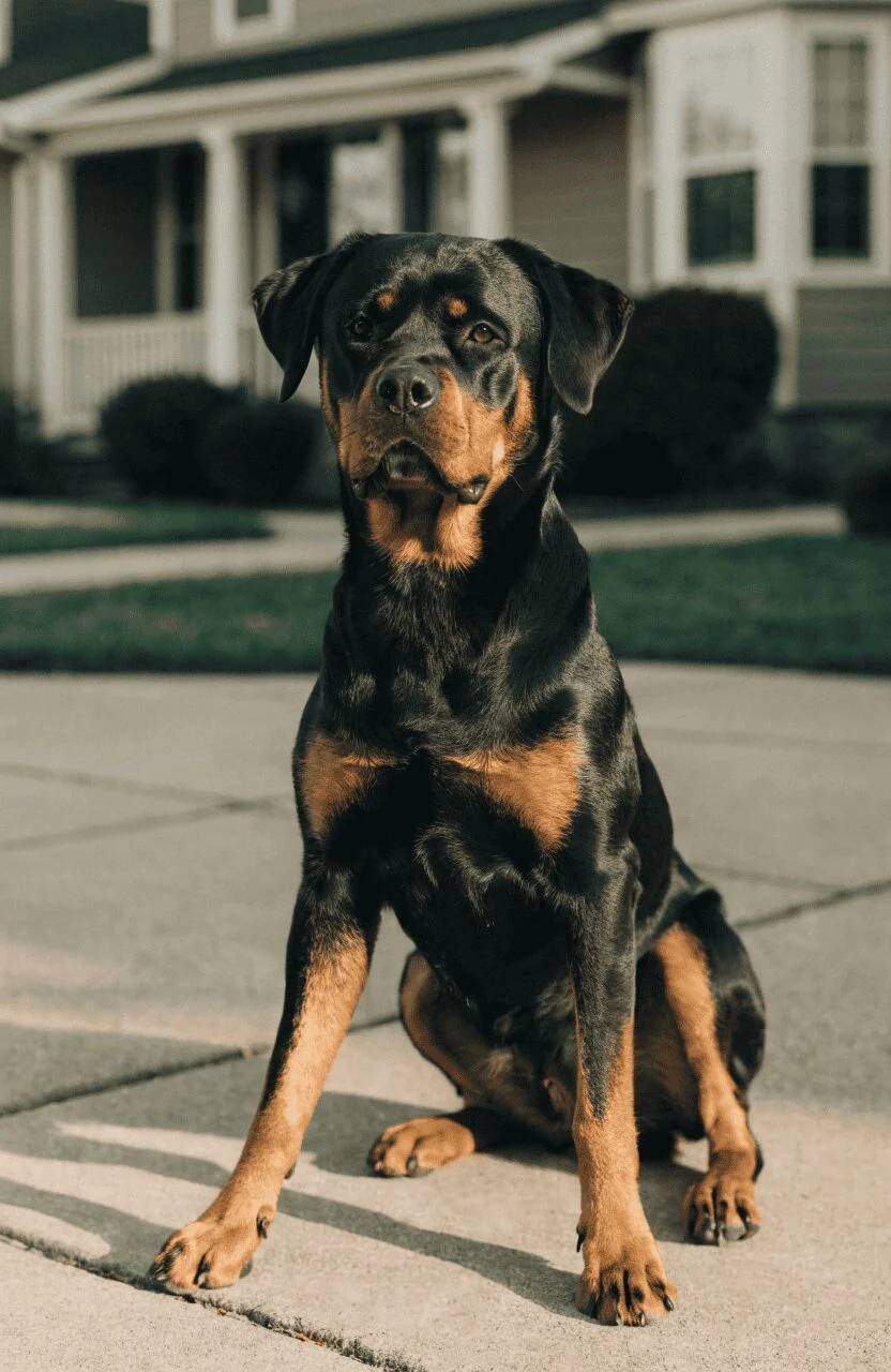 Rottweiler home security dog sitting alert in driveway