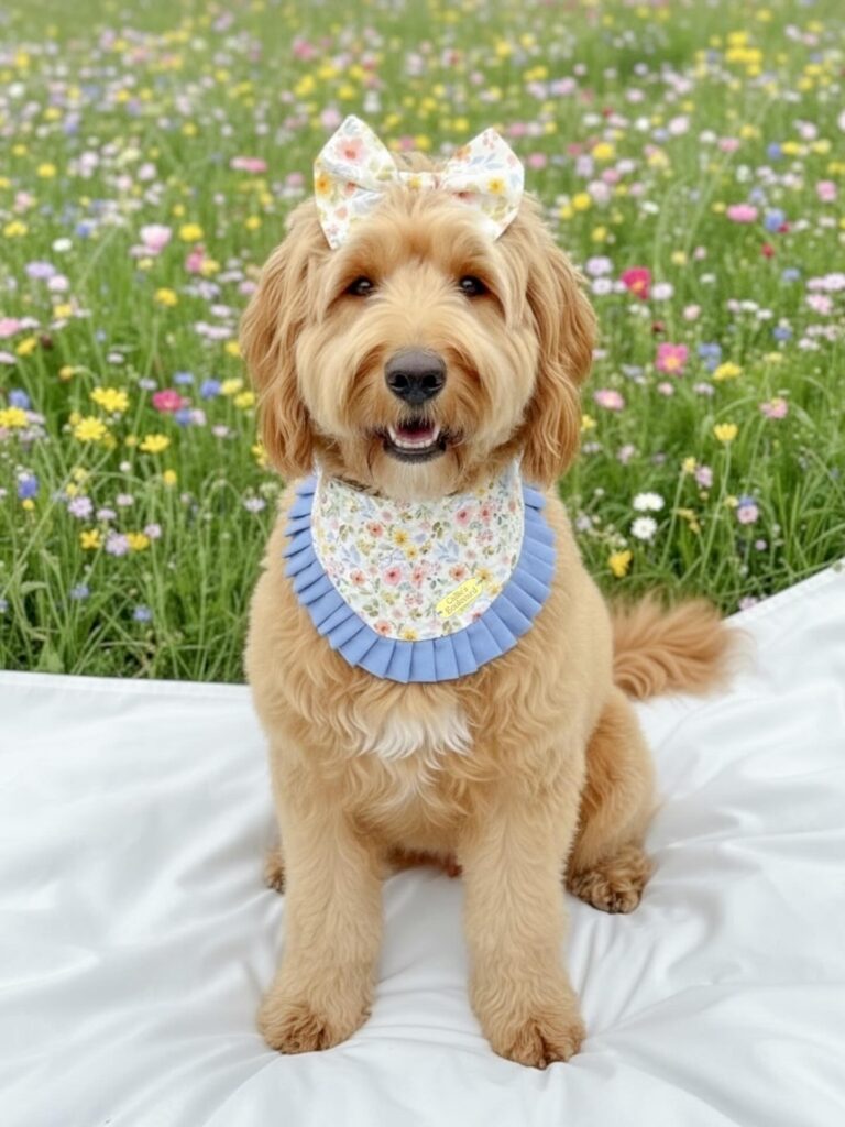 Goldendoodle wearing a pleated ruffle trim bandana with matching floral hair bow
