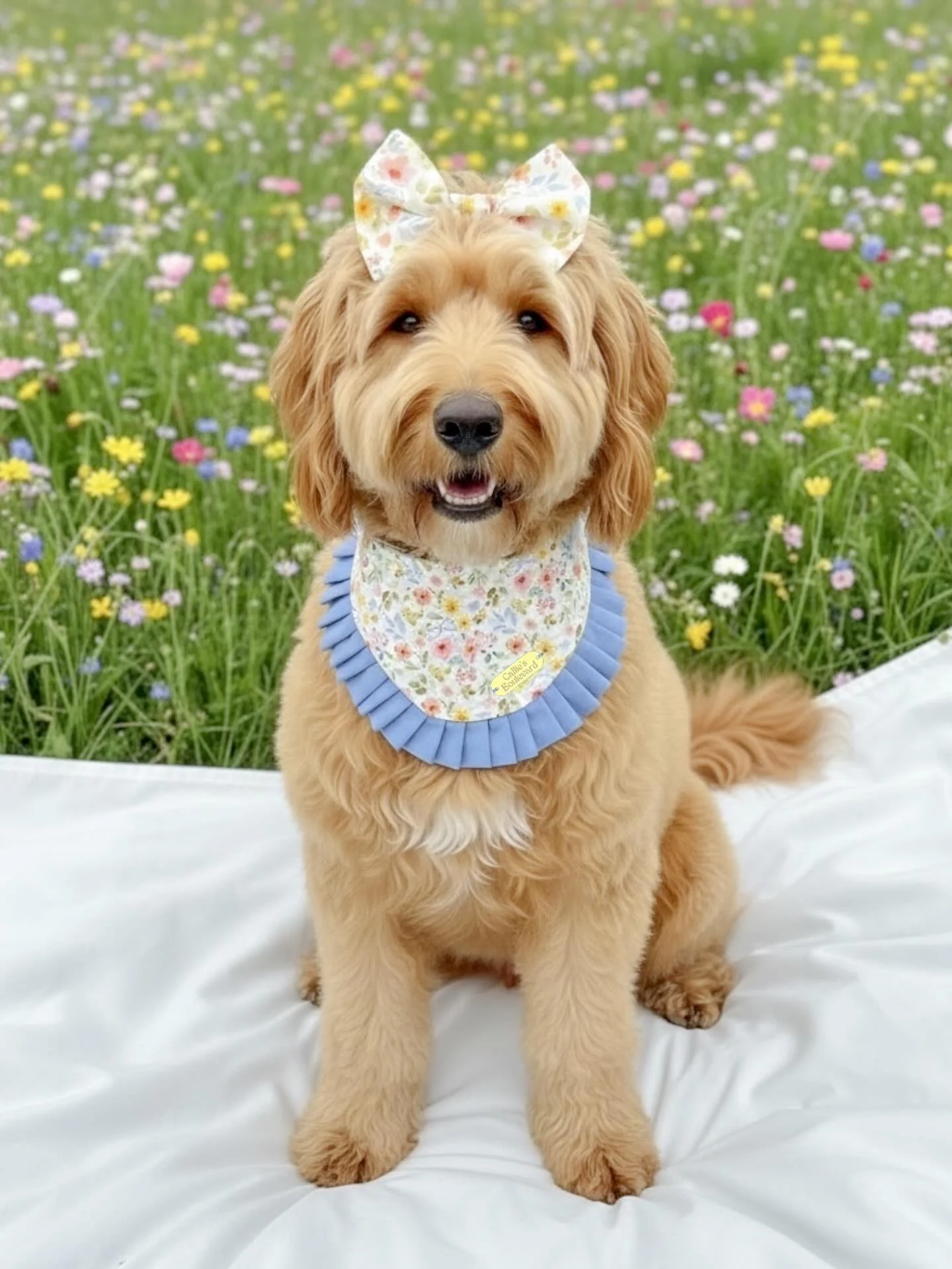 Goldendoodle wearing a pleated ruffle trim bandana with matching floral hair bow