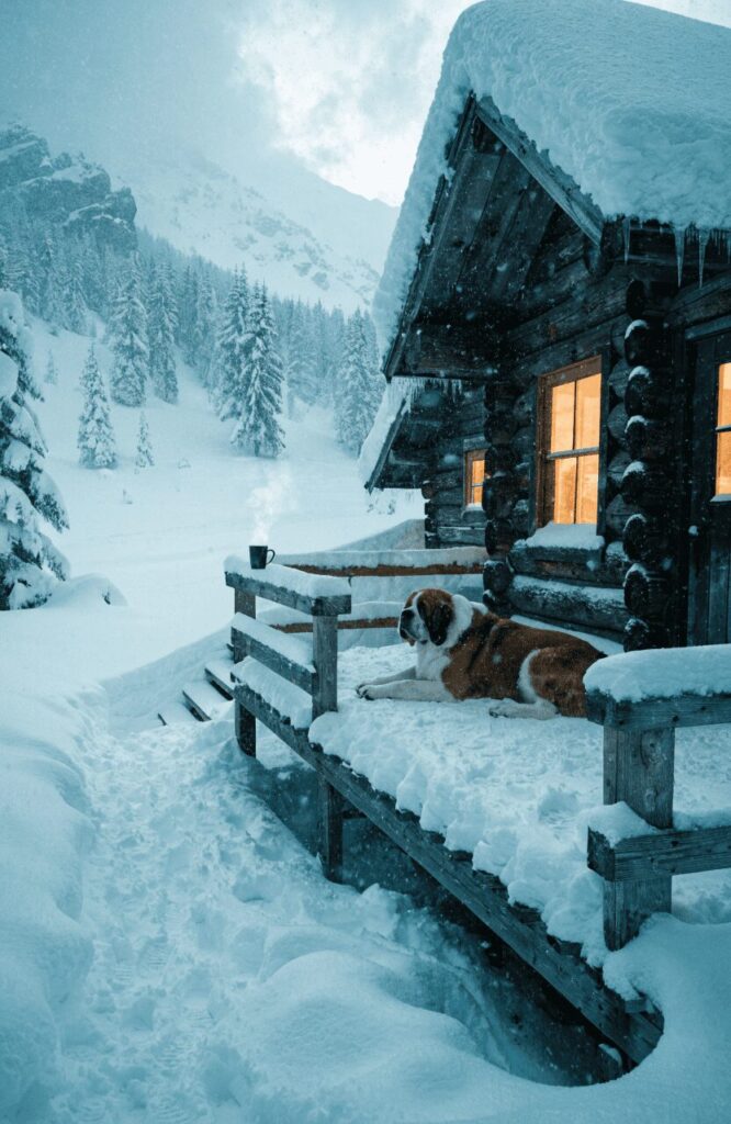 Saint Bernard giant dog brown white snowy setting
