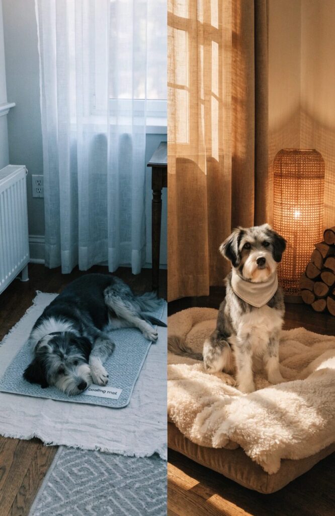 seasonal dog corner with summer cooling mat and winter fleece blanket swap