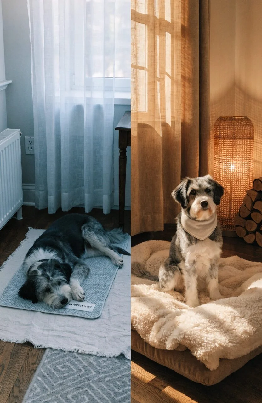 seasonal dog corner with summer cooling mat and winter fleece blanket swap