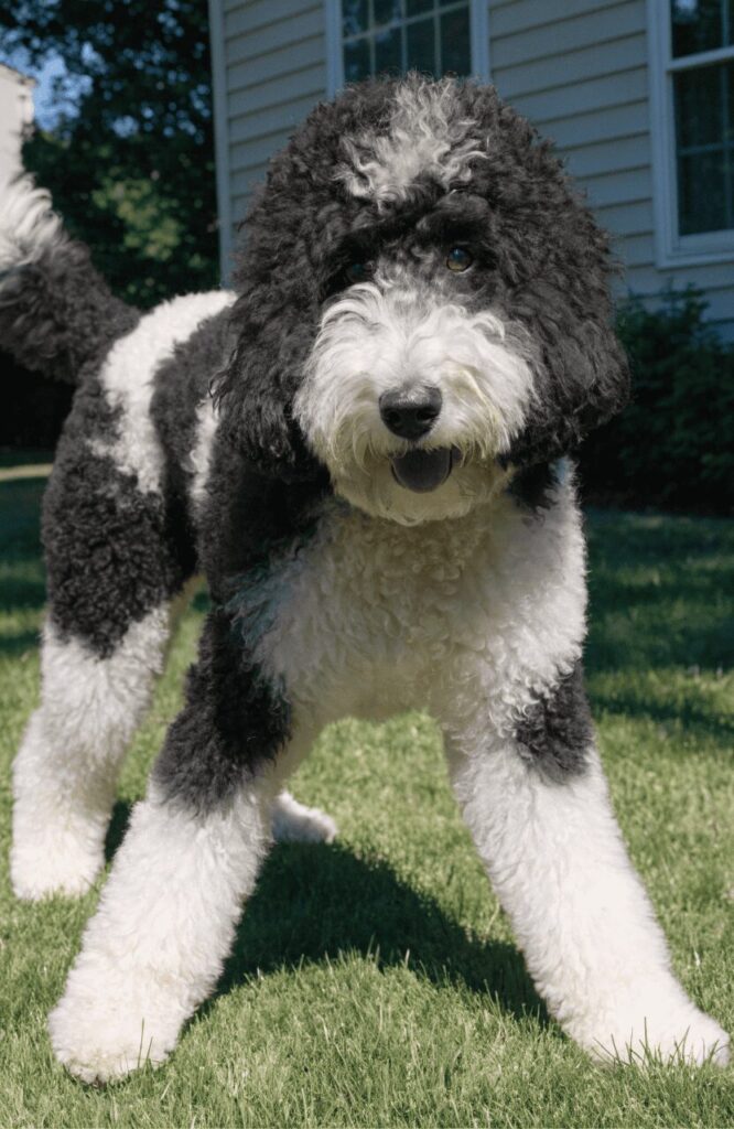 sheepadoodle fluffy teddy bear poodle mix playing outside