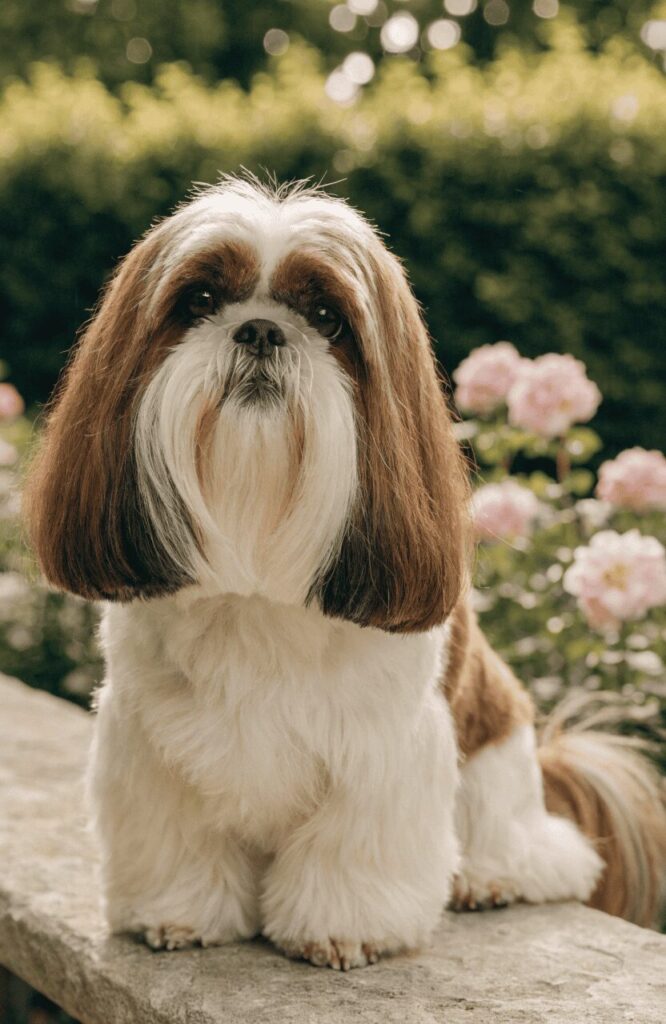 Shih Tzu groomed brown white long coat dog