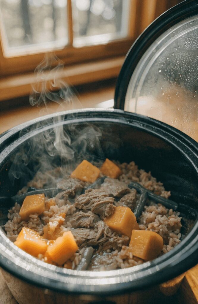 Slow cooker senior dog food recipe steaming in pot