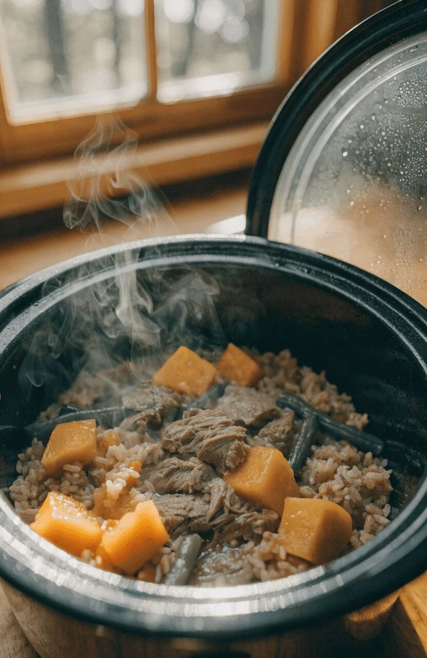 Slow cooker senior dog food recipe steaming in pot