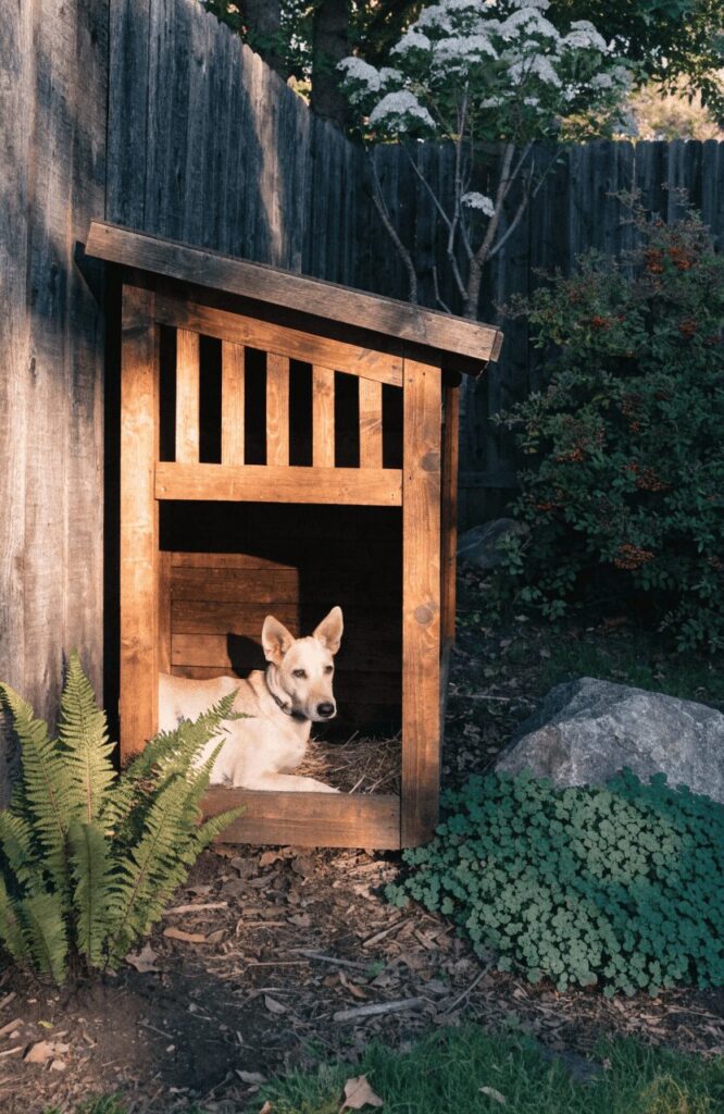 A small outdoor kennel shelter built for a backyard dog