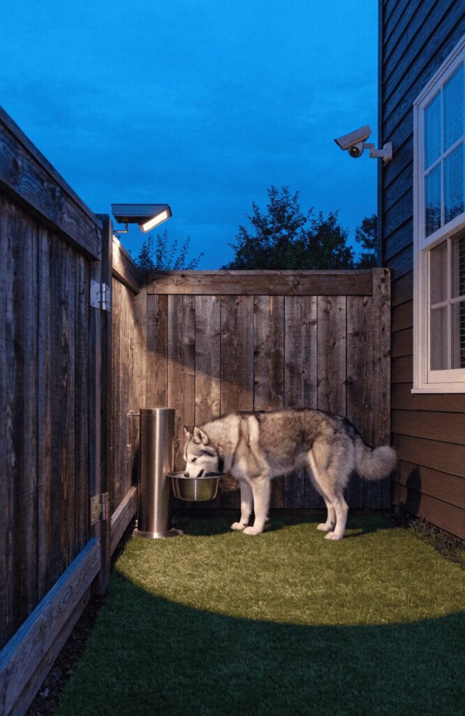 Smart dog run with automatic water dispenser, motion lighting, and security camera