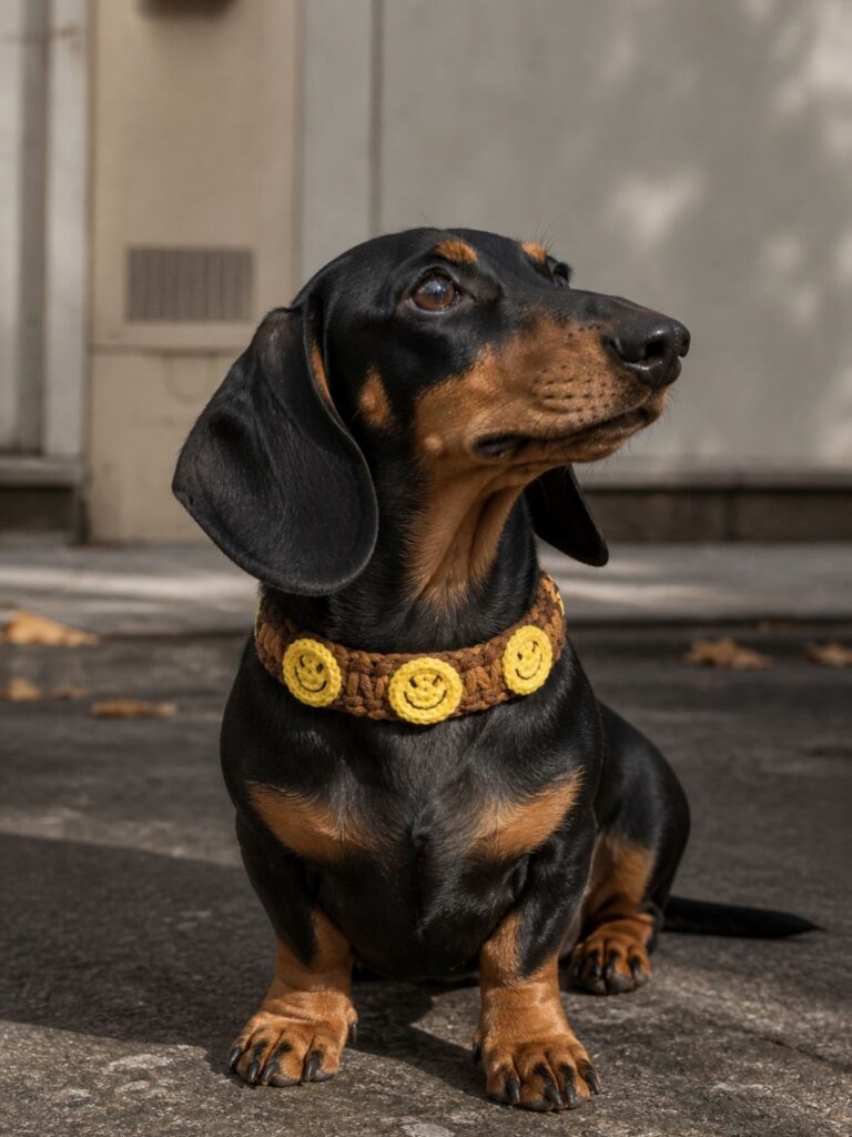 smiley face appliqué band collar on a black dachshund