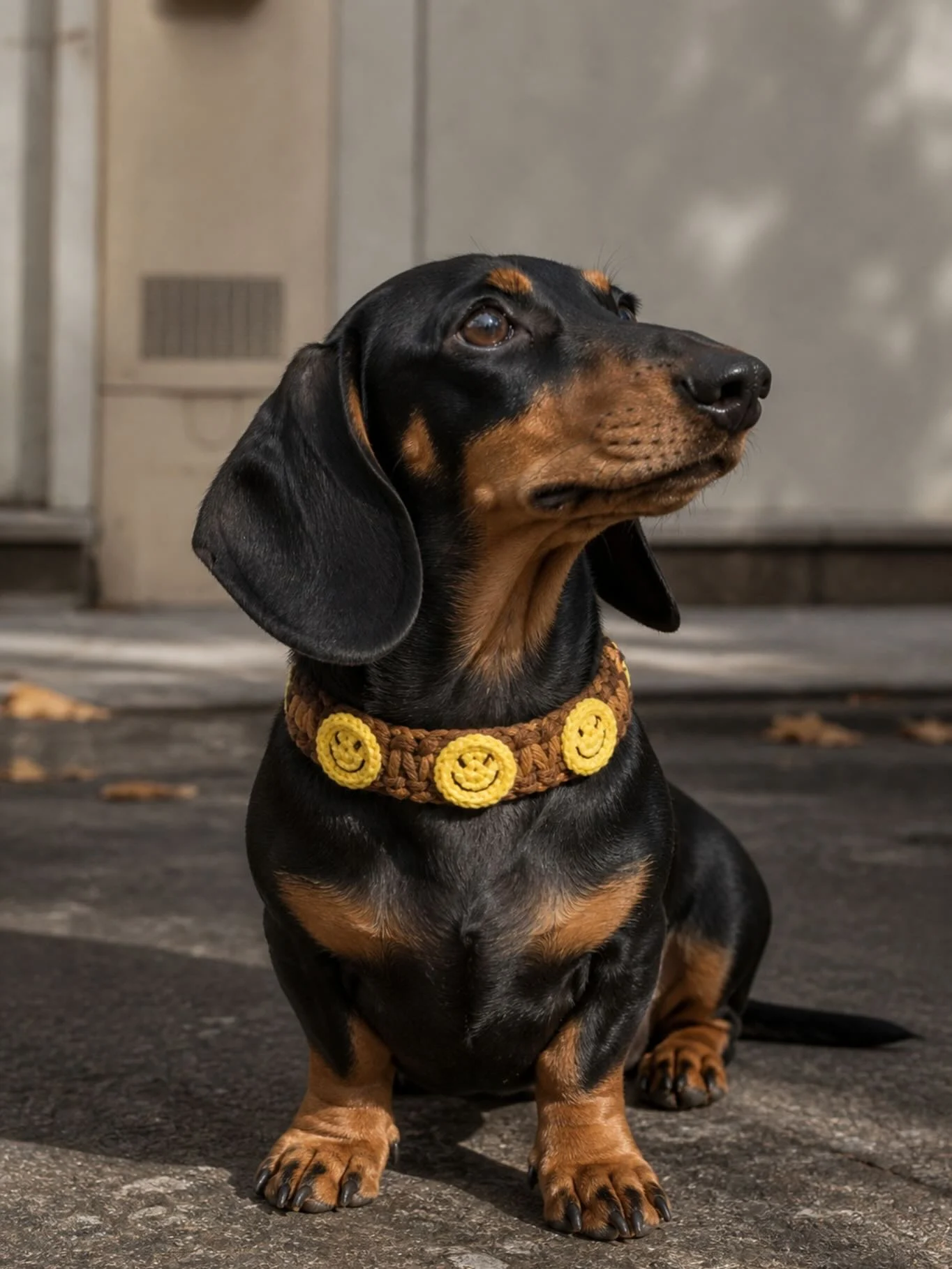 smiley face appliqué band collar on a black dachshund