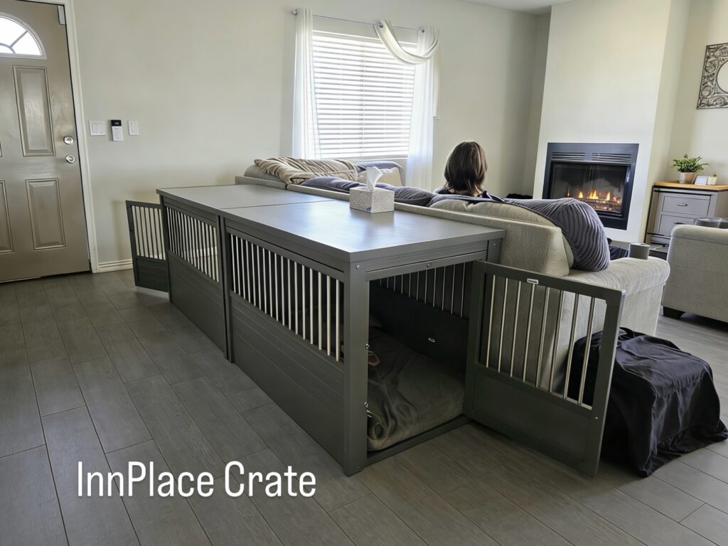 grey sofa console table doubling as multi-bay dog crate enclosure in open plan living room