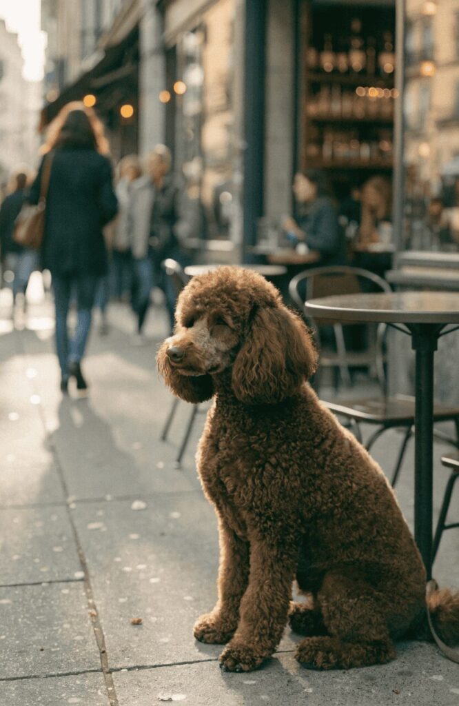 Standard chocolate Poodle fluffy dog breeds brown at cafe