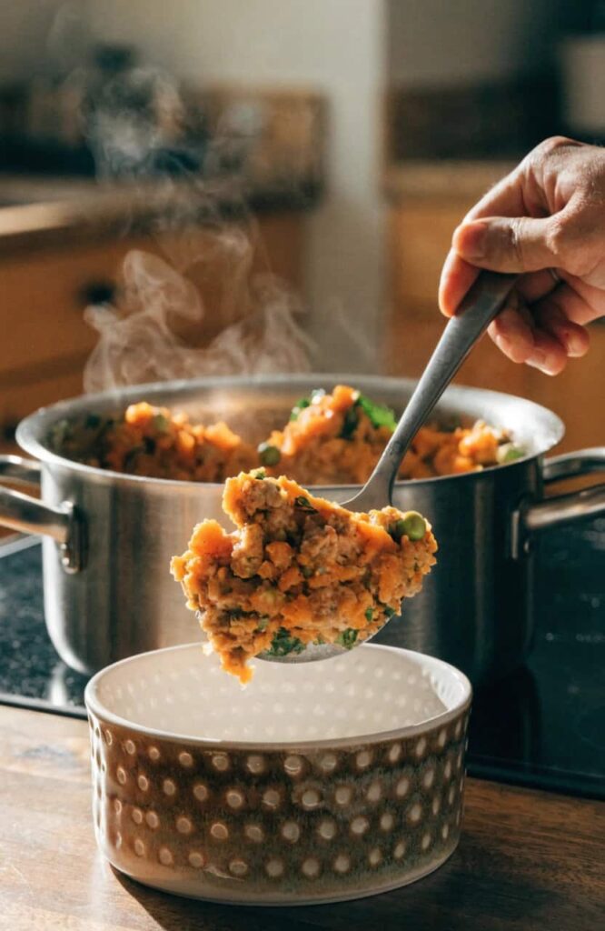 spooning turkey sweet potato dog food into bowl