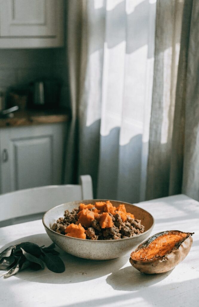 Slow cooker dog food with ground beef sweet potato and zucchini