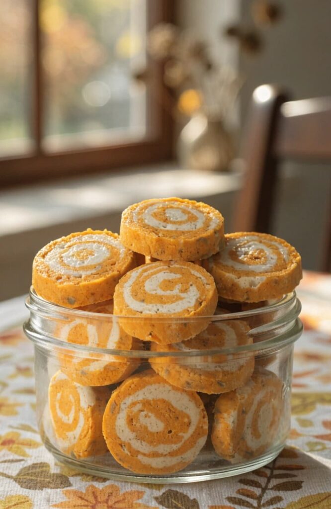 Swirled pumpkin and yogurt dog treats styled in a glass jar