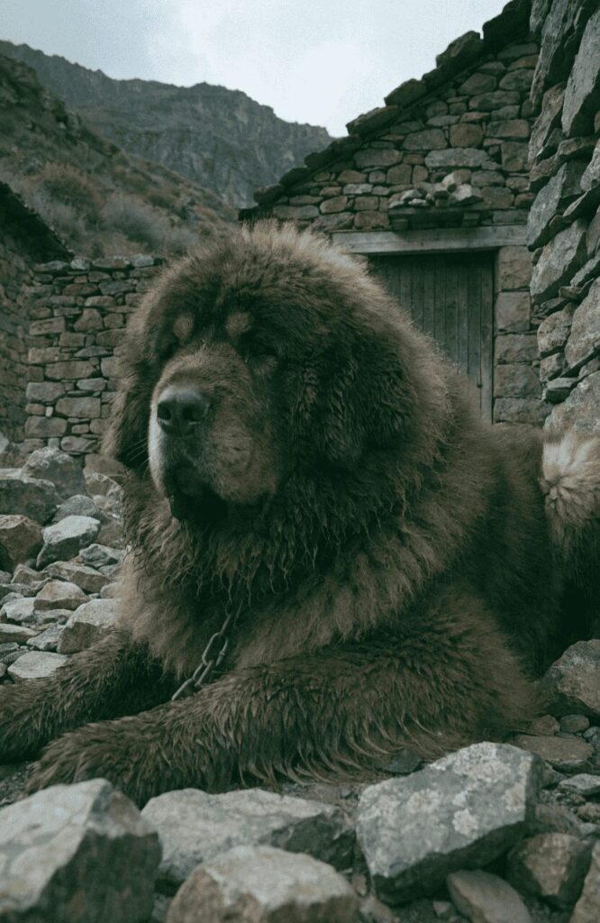 giant brown Tibetan Mastiff fluffy coat in village setting
