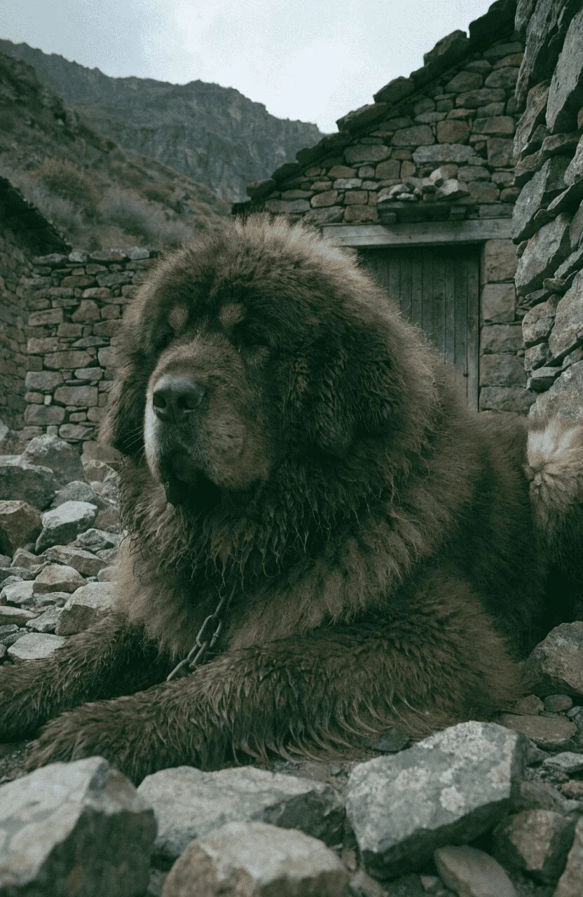 giant brown Tibetan Mastiff fluffy coat in village setting