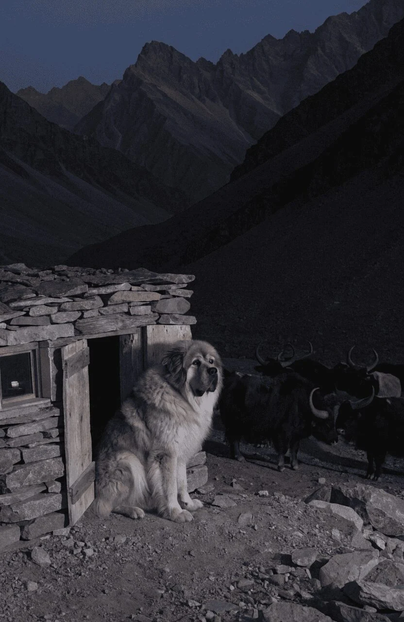 Tibetan Mastiff ancient dog breed guarding yaks at remote highland farm