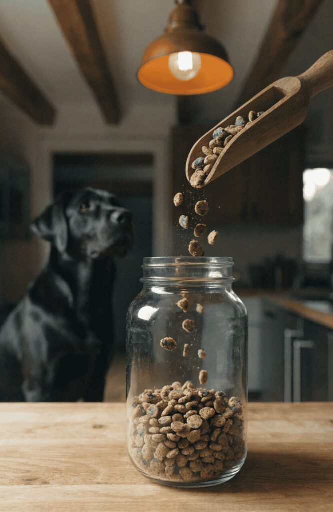 filling turkey spinach dehydrated dry dog food jar with dog watching