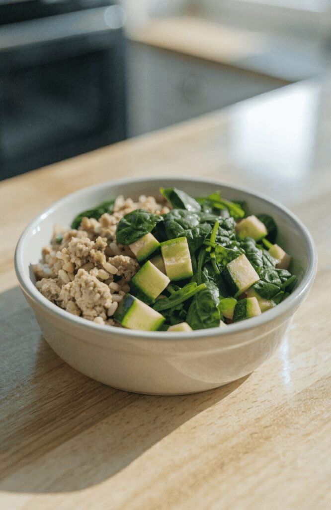 Turkey and spinach homemade dog food recipe bowl