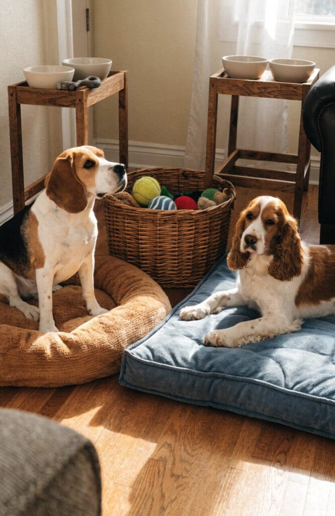 two dog home corner with individual beds and separate feeding stations