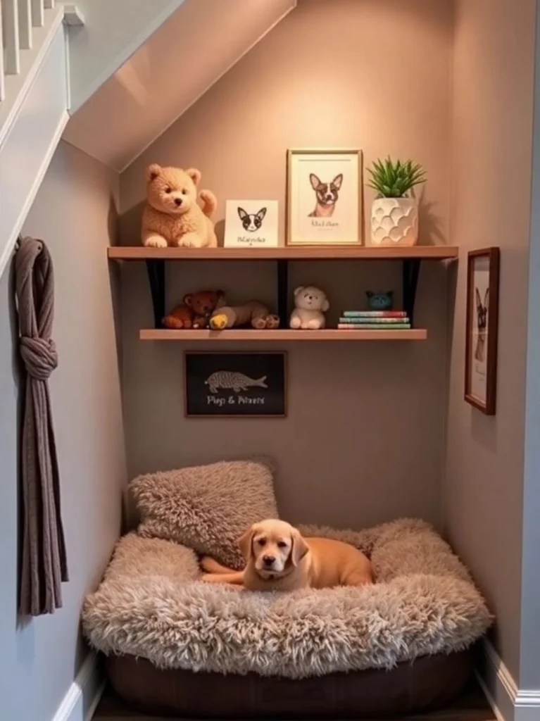 built-in dog bed ideas under stairs with decorative shelves and toy storage