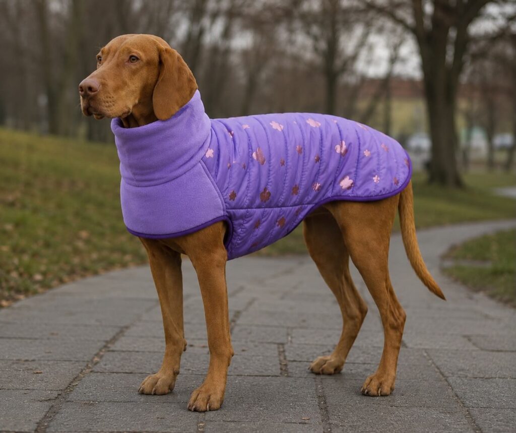 DIY dog jacket pattern idea: Vizsla in purple quilted coat with fleece turtleneck collar