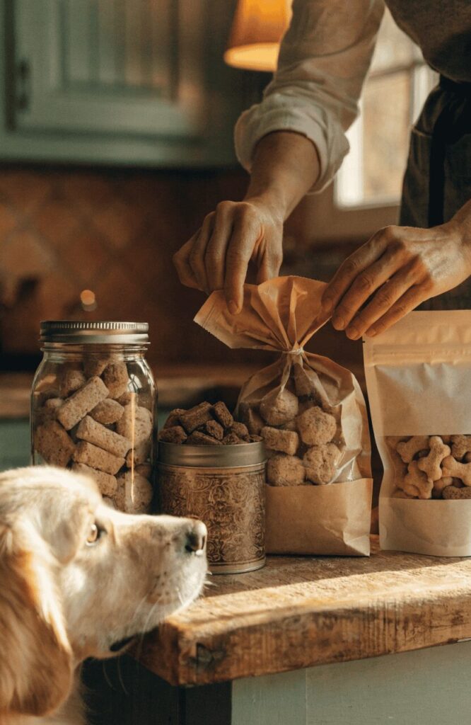 dog treat packaging ideas displayed in cozy rustic kitchen setting