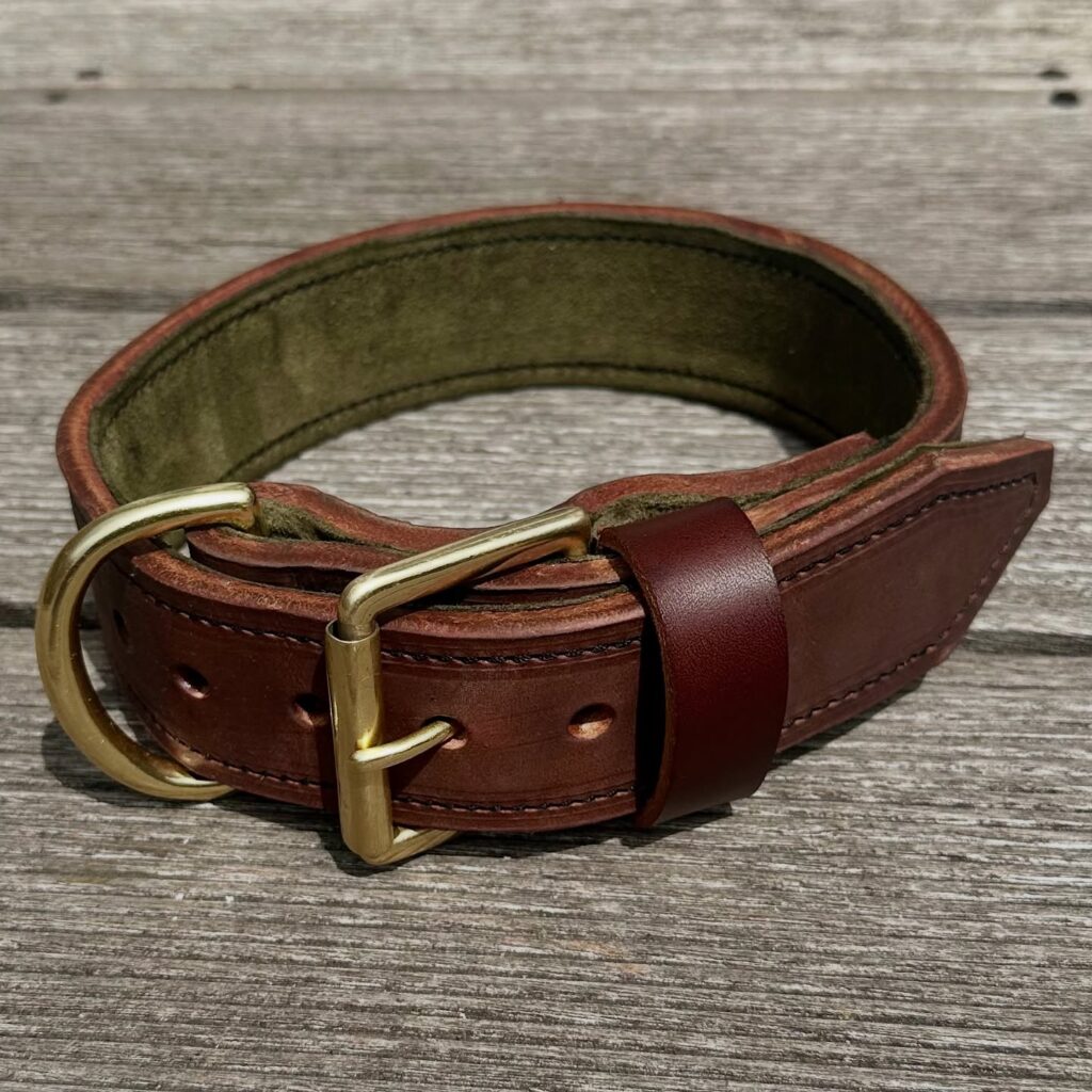 Wide padded working dog leather collar with heavy duty brass hardware and suede lining for large breeds