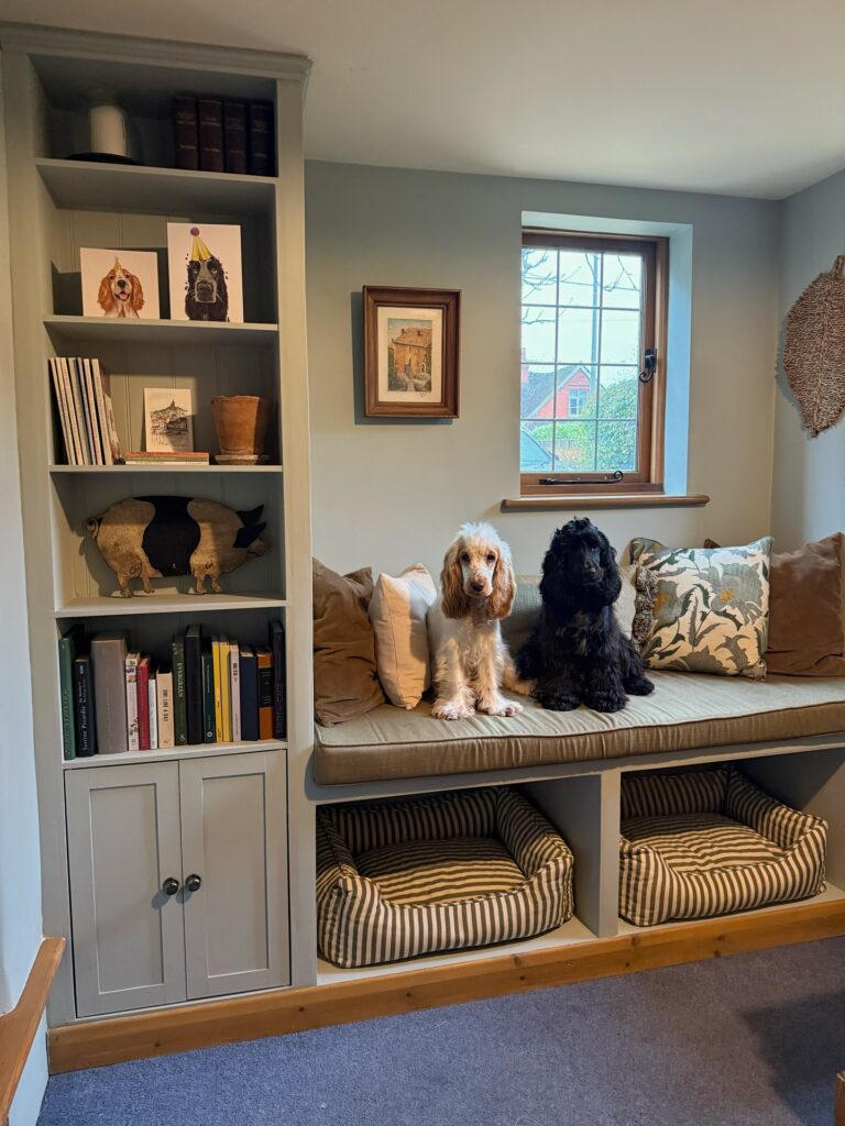 window bench seat with open under seat dog bed cubbies beside built-in bookcase