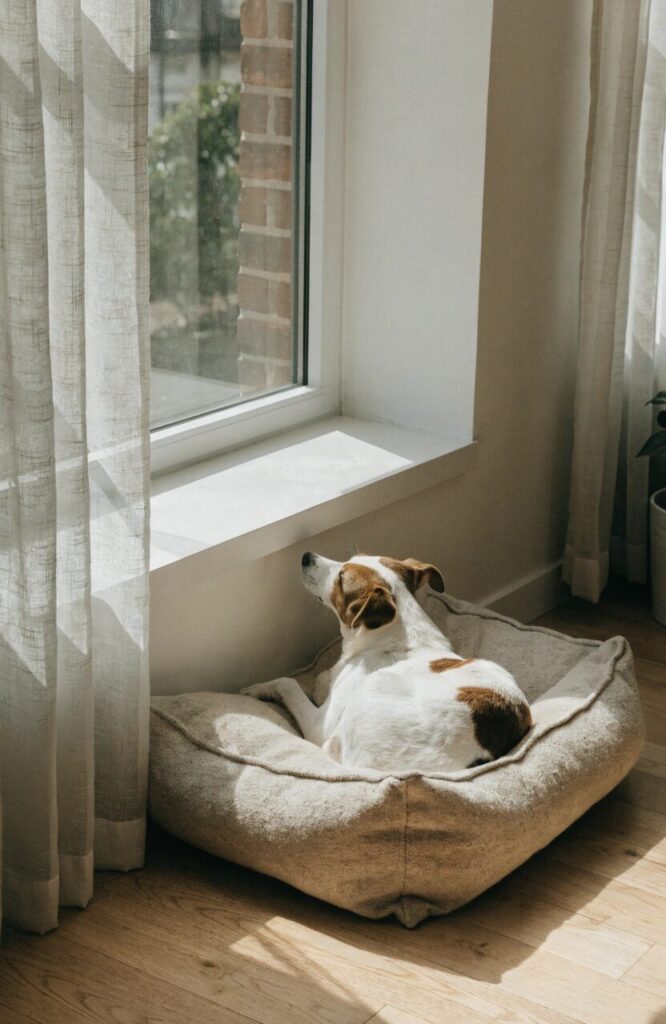 dog resting in cozy window side nook with natural light