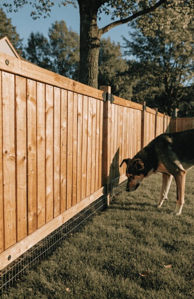 Wood fence with buried mesh barrier