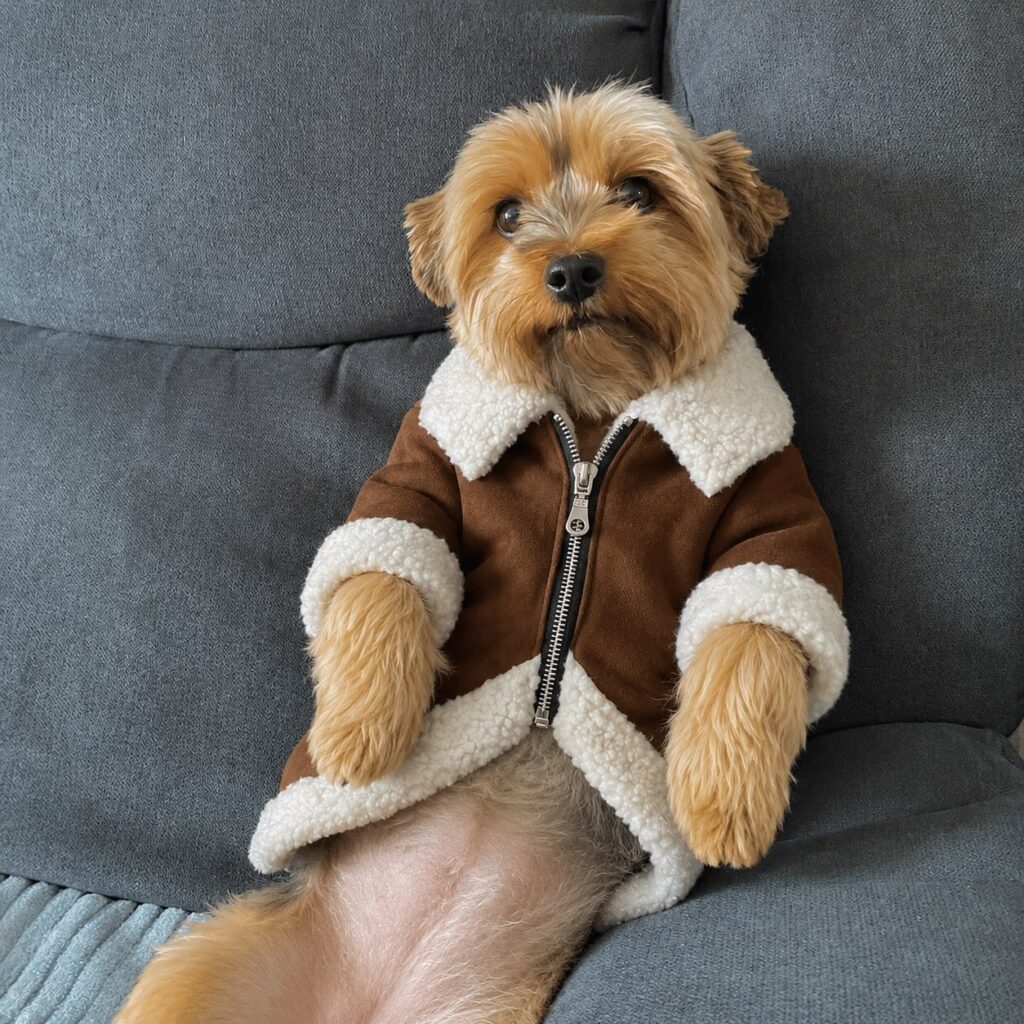 Small dog wearing a faux shearling aviator jacket with sherpa trim