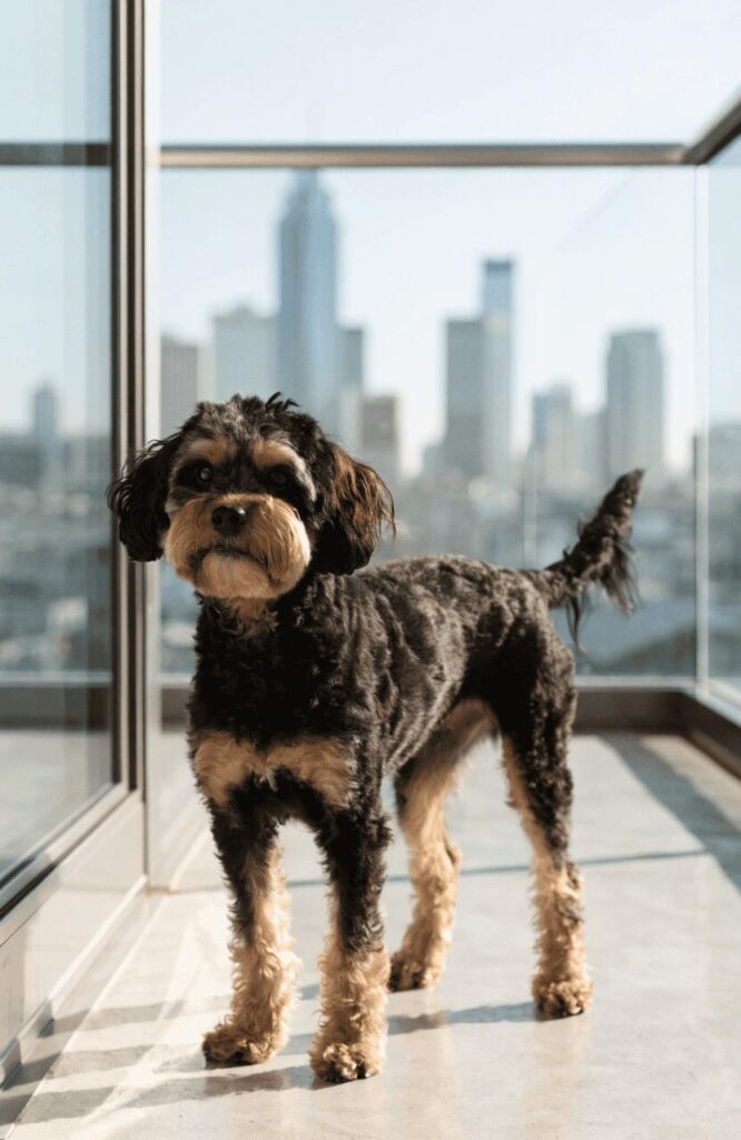 yorkipoo dogs mixed with poodles in urban setting