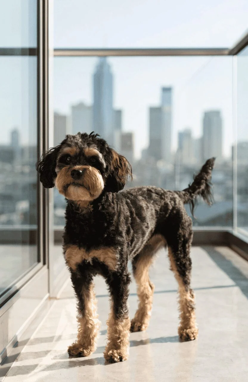 yorkipoo dogs mixed with poodles in urban setting