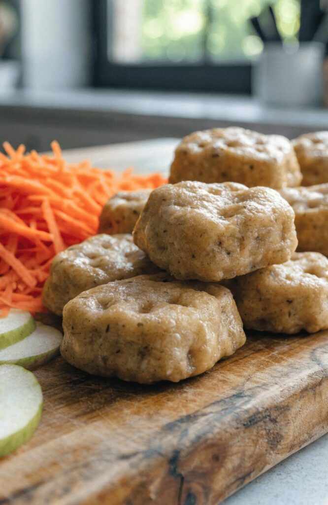 apple carrot soft dog treats homemade nuggets on wooden board