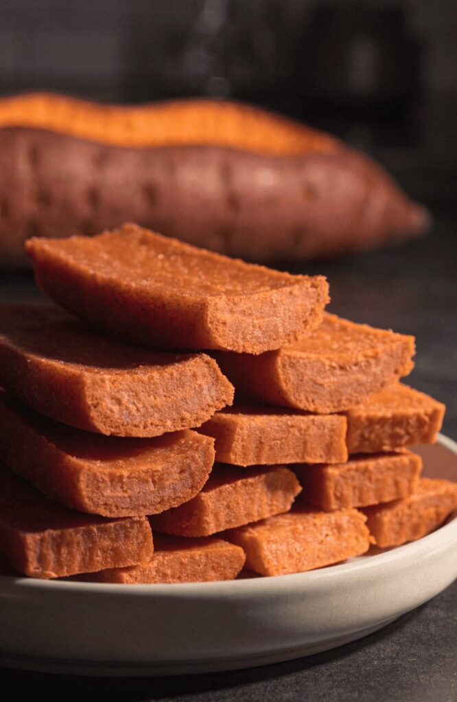grain-free sweet potato soft dog treats stacked on plate