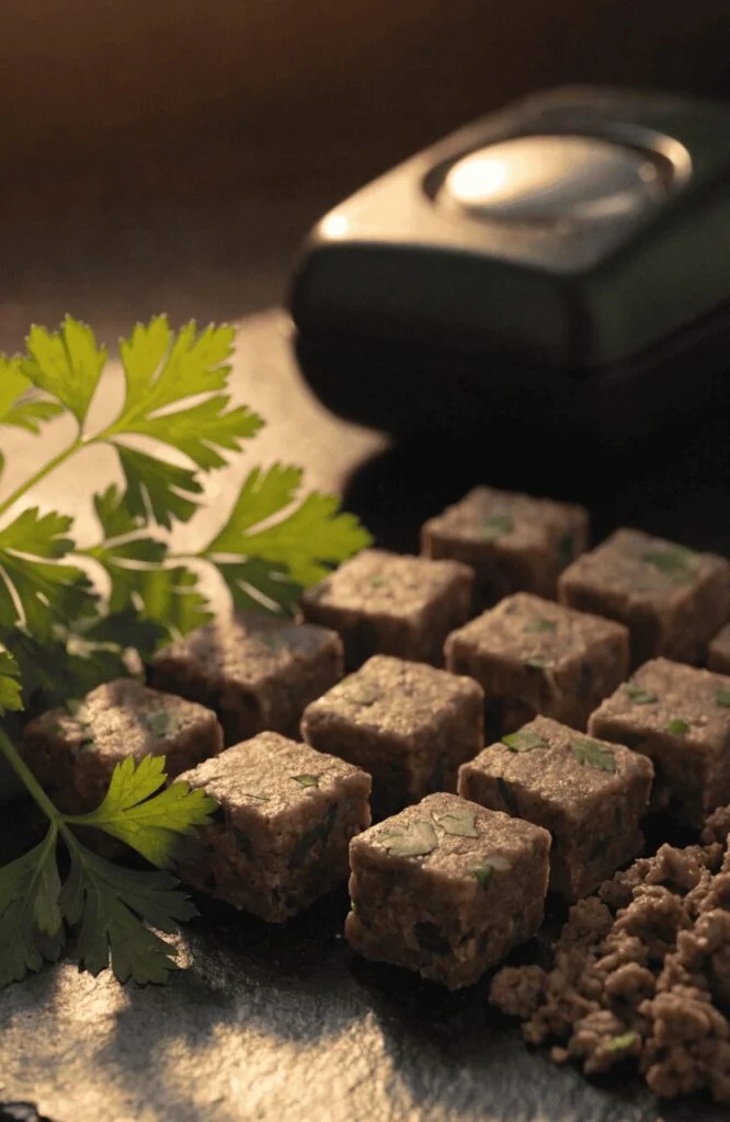homemade soft dog training treats beef parsley cut into squares