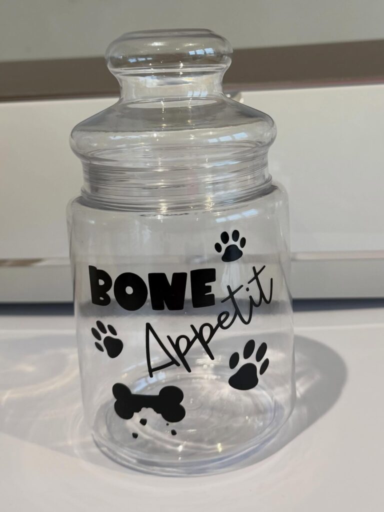 Bone Appetit pun glass jar for storing dog treats