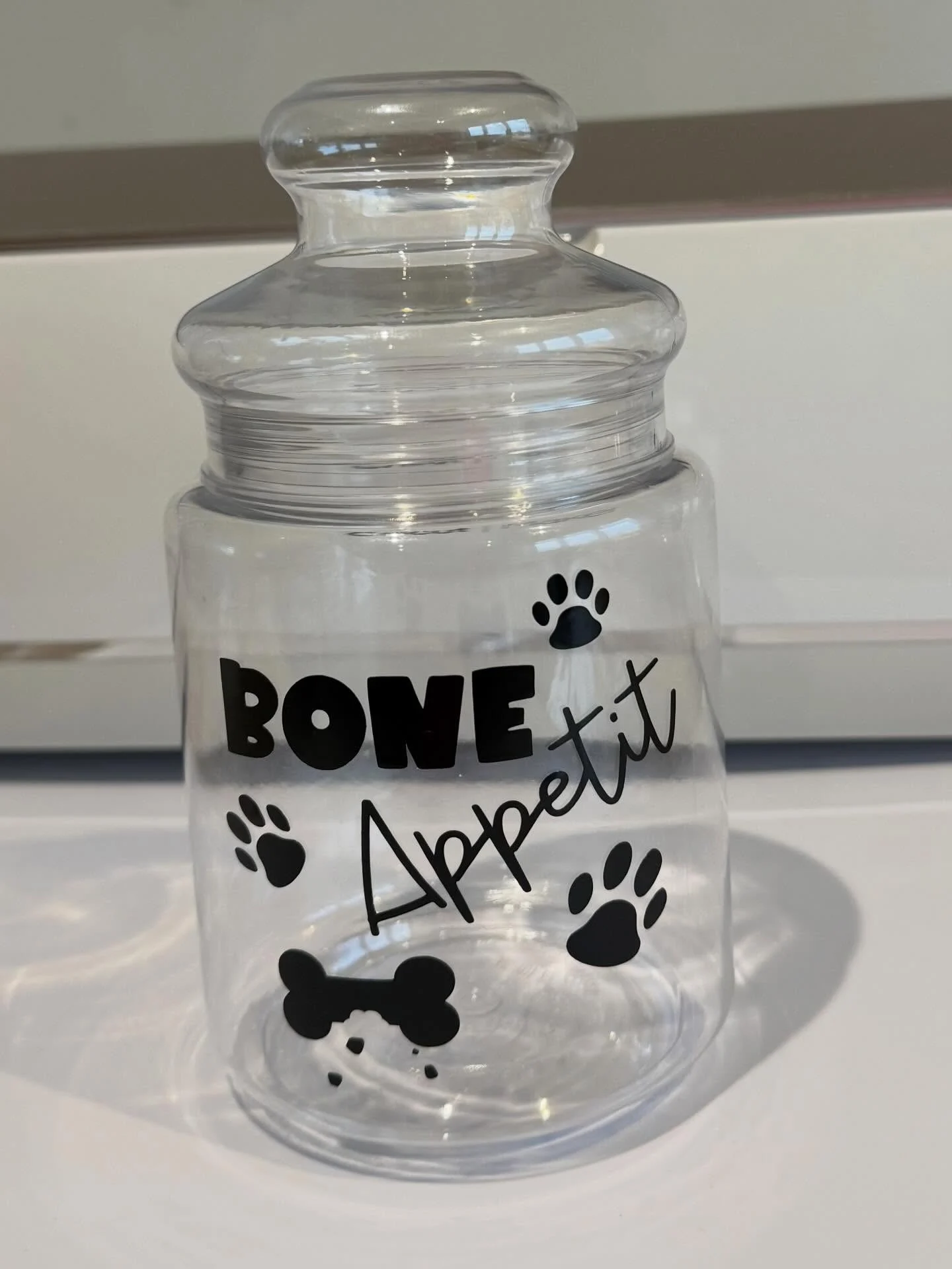 Bone Appetit pun glass jar for storing dog treats