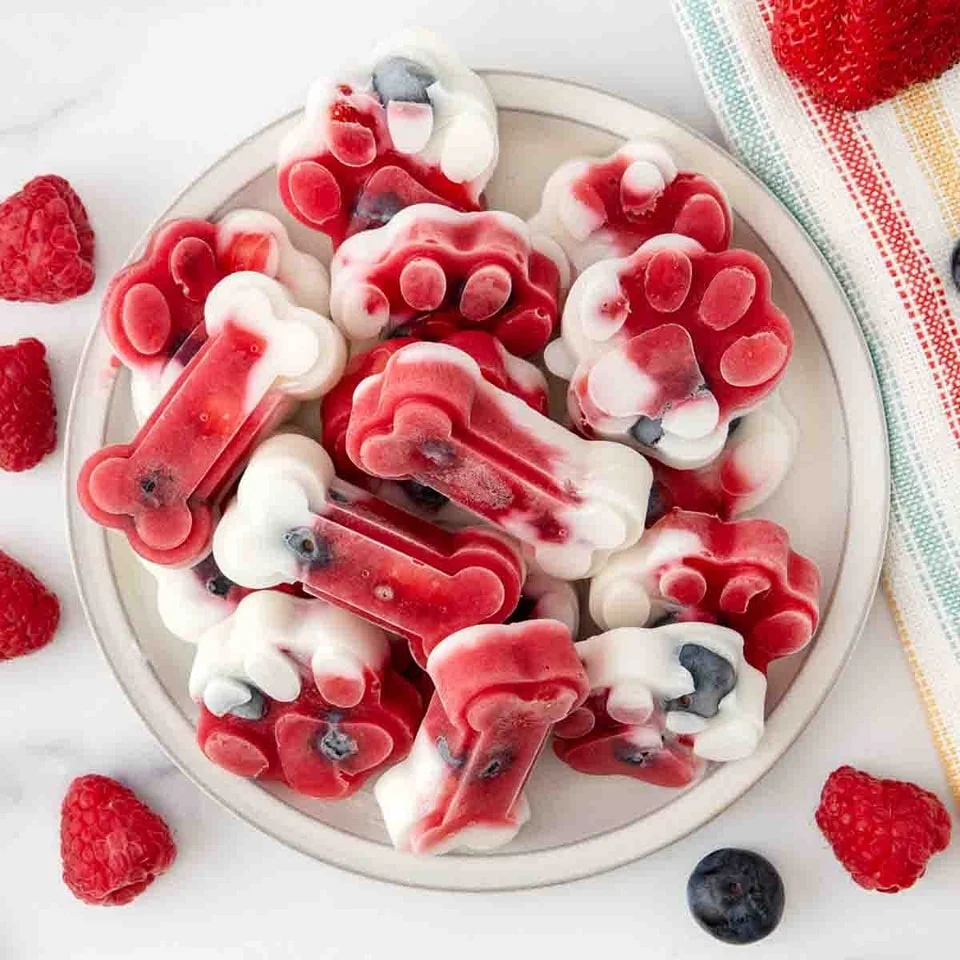 Red and white paw and bone shaped broth and berry no bake dog treats homemade