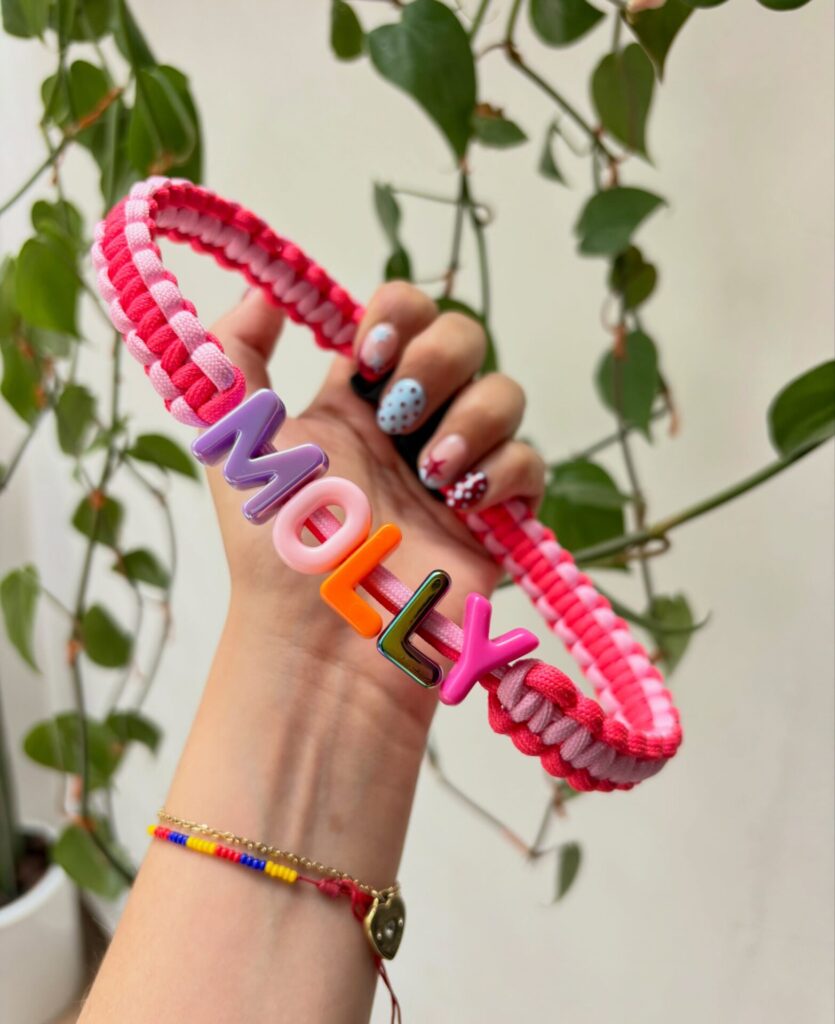 Colorful bubble letter charm DIY dog collar idea