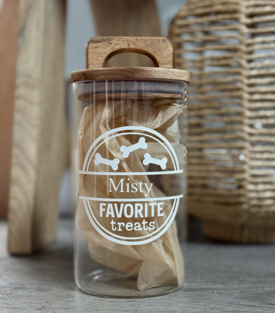 Etched glass apothecary treat jar with wooden handle lid