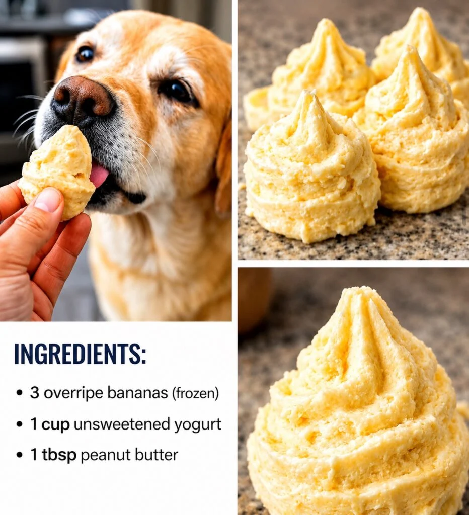 Dog sniffing a swirled frozen banana yogurt treat, an easy no bake dog treats homemade recipe