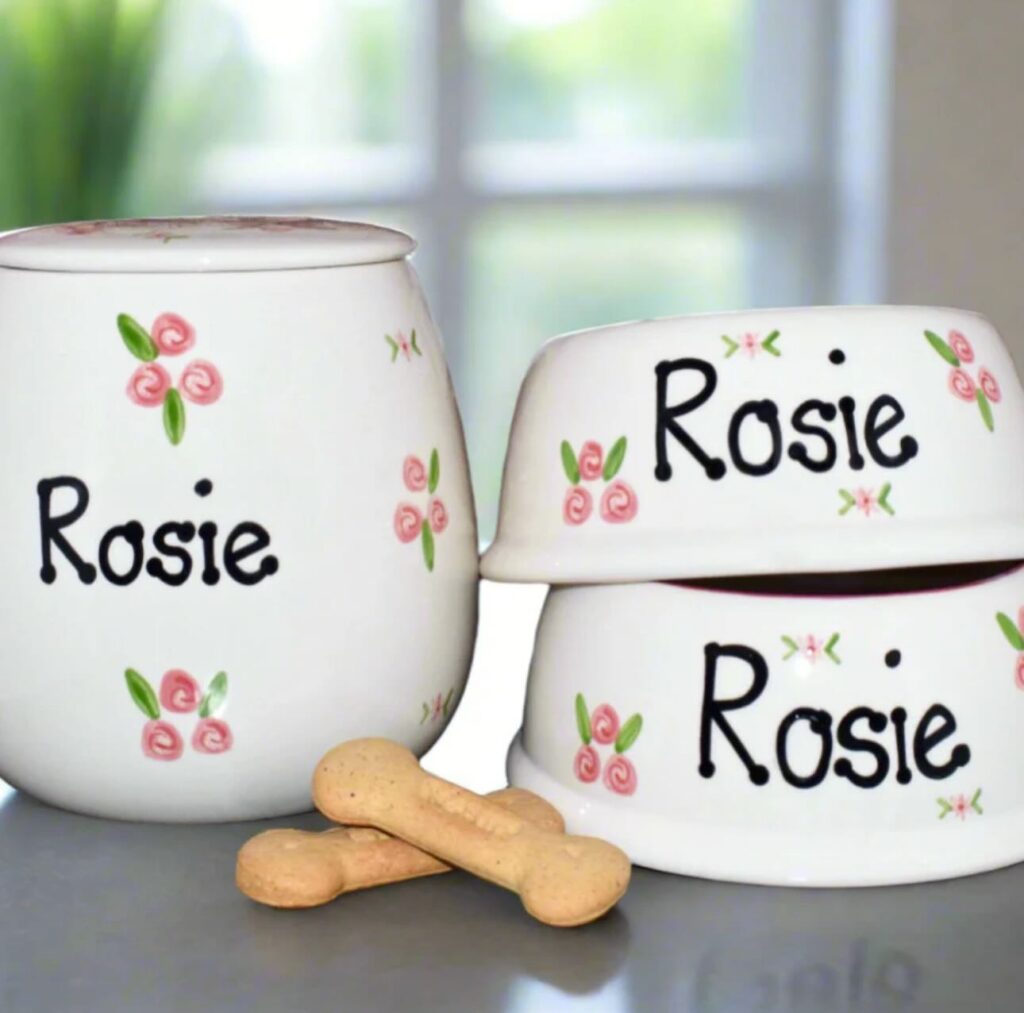 Hand painted floral ceramic jar with dog name for treats