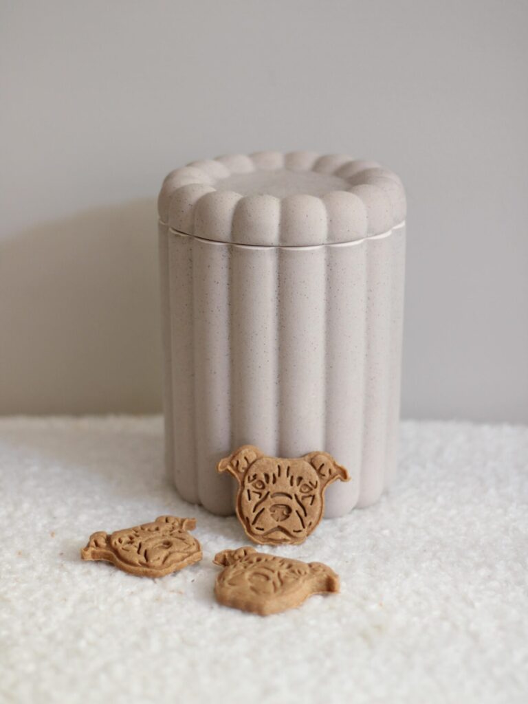 Minimalist ribbed stoneware jar for dog treats with neutral lid
