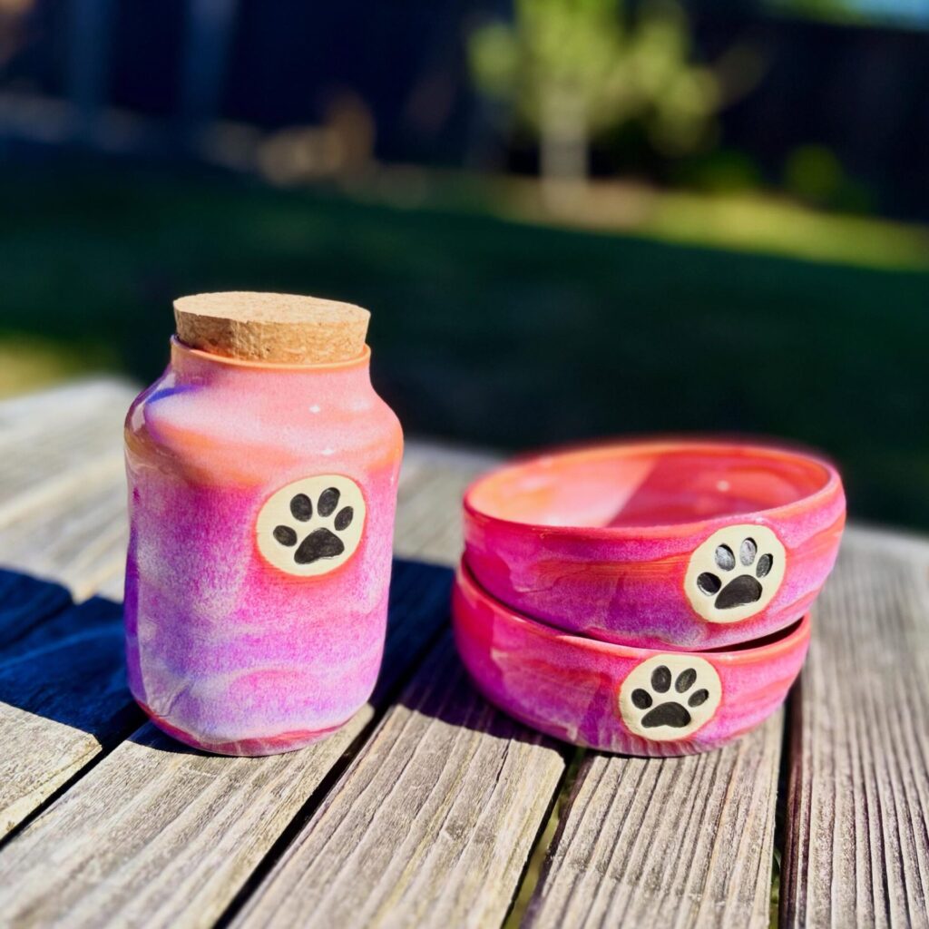 Pink ombre pottery dog treat jar ideas with cork lid and paw cutout