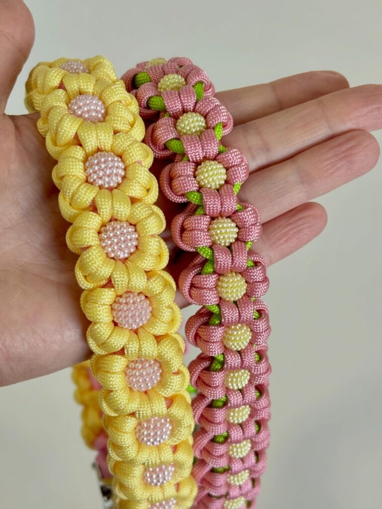 Handmade paracord flower dog collar in yellow and pink