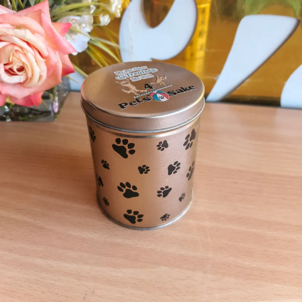 Bronze paw print gift tin for pet sitter dog treats